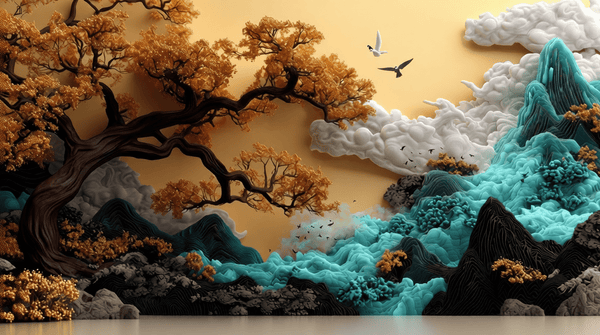 3D Golden Tree & Turquoise Mountains Landscape Wallpaper