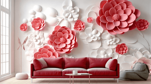 3D Paper Flowers Wallpaper – Coral Pink & White Floral Wall Mural