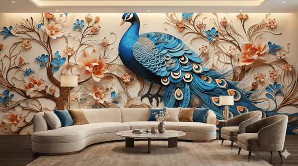 3D Peacock with Floral Design - Luxury Wall Mural Wallpaper