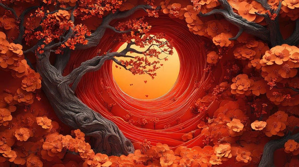 3D Red Sunset Cherry Blossom Tree Wallpaper – Dramatic Landscape