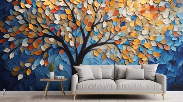 3D Textured Tree with Colourful Leaves Wall Mural