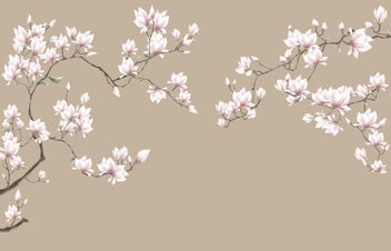Taupe White Magnolia Branches Wallpaper