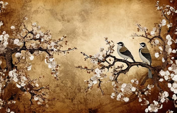 Gold Cherry Blossom Birds Vintage Wallpaper