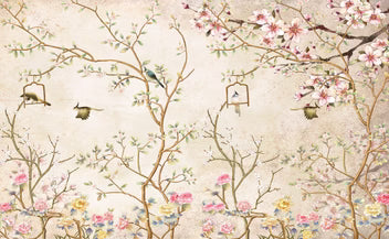 Cream Cherry Blossom Birds Garden Wallpaper