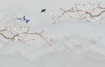 Misty Cherry Blossom Birds Wallpaper
