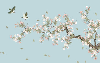 Aqua Cherry Blossom Birds Wallpaper