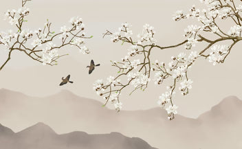 Beige Cherry Blossom Mountain Birds Wallpaper