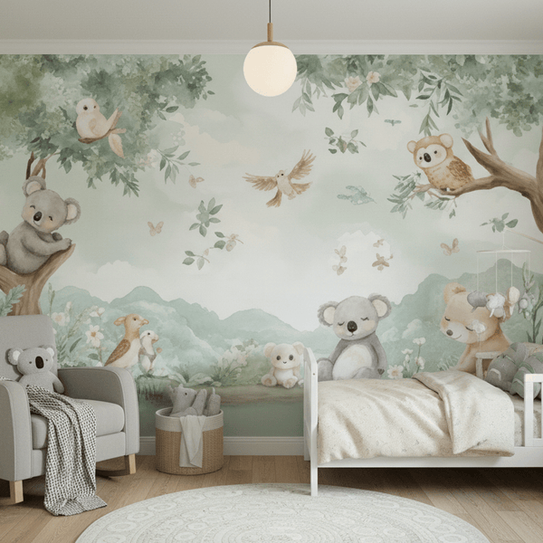 Koala Forest Watercolour Mural - Gentle Eucalyptus Kids Wallpaper