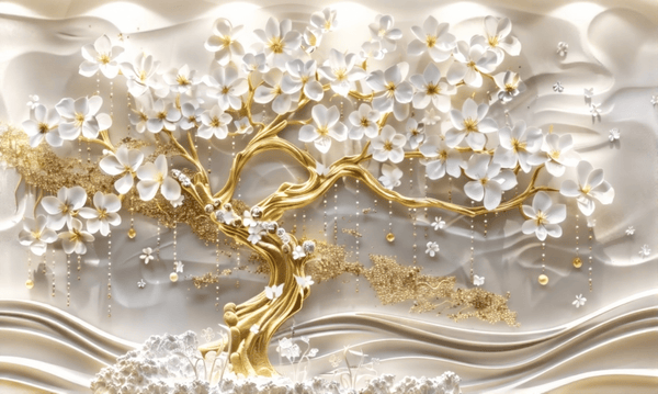 Luxury White & Gold Floral Tree Wallpaper – 3D Elegant Design