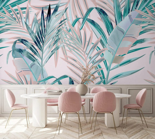 Pastel Palm Leaves Wallpaper – Pink and Teal