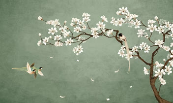 Sage Cherry Blossom Birds Wallpaper
