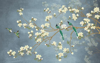Blue Cherry Blossom Hummingbirds Wallpaper