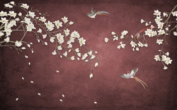 Burgundy Cherry Blossom Birds Wallpaper