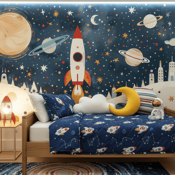 Space Rocket Adventure Mural - Planets & Stars Kids Wallpaper
